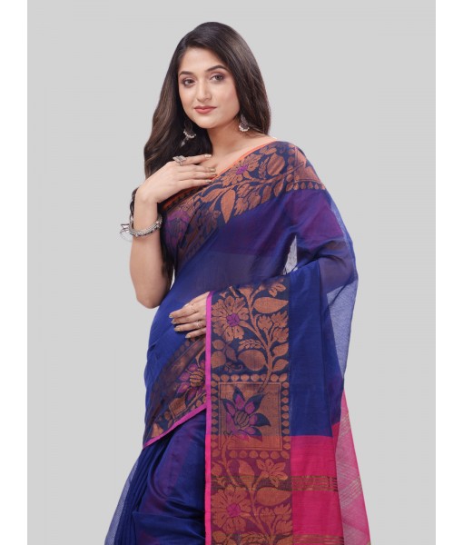 DESH BIDESH Women`s Tant Cotton Silk Handloom Cotton Saree Pushpomala With Blouse Piece(Blue Pink)